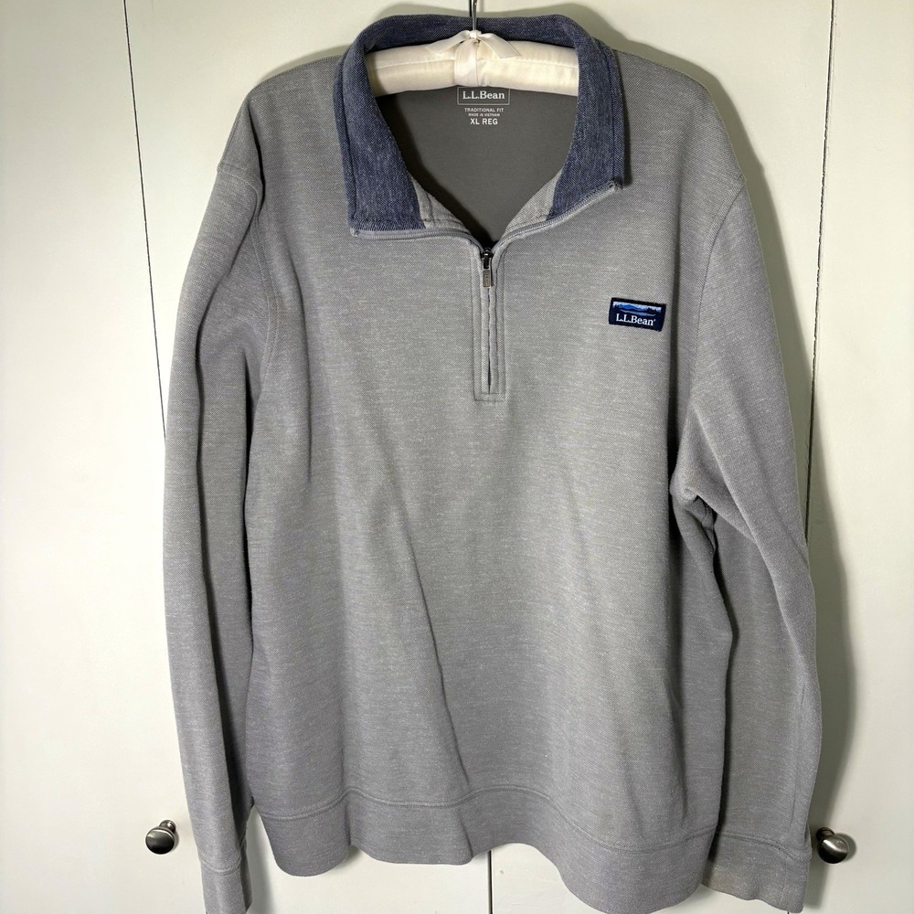 LL Bean Mens XL Regular Grey 1/4 Zip Pullover Sweater Katahdin Logo Patch